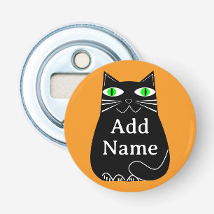 Décapsuleur Chat noir gras avec yeux verts Texte personnalisé