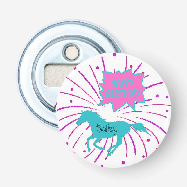 Décapsuleur Cheval Joyeux Anniversaire rose violet Turquoise (Devant)