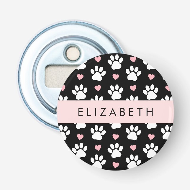 Décapsuleur Chien Paws, White Paws, Rose Hearts, Votre Nom (Devant)