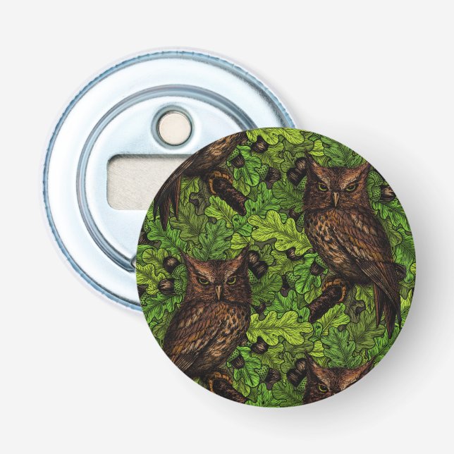 Décapsuleur Chouettes dans le chêne, vert et marron (Devant)