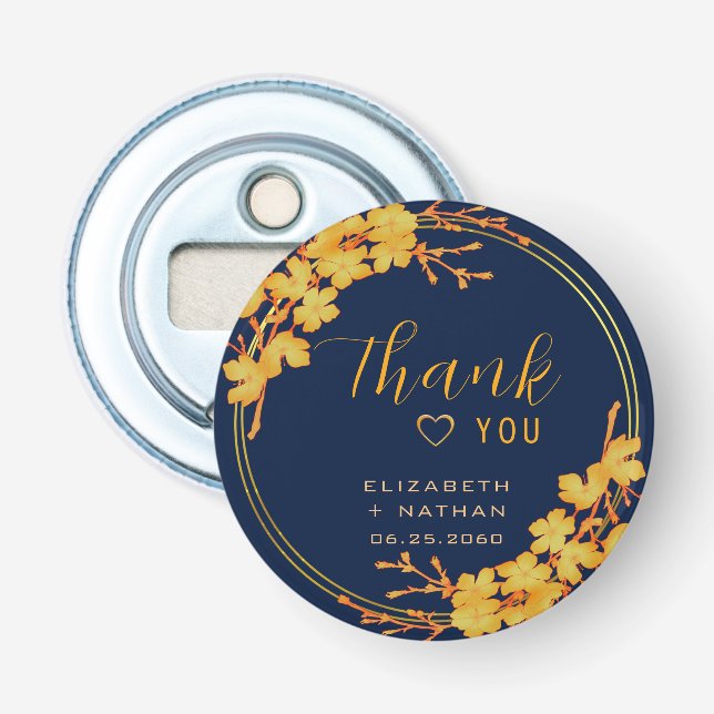 Décapsuleur Classic Gold Floral Marine Mariage bleu Merci (Devant)
