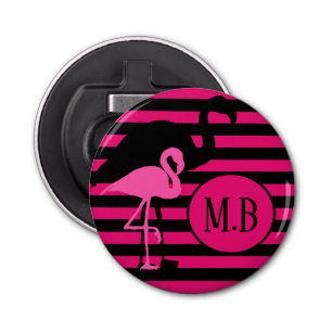 Décapsuleur Cool Flamant rose noir et rose rayures Monogramme