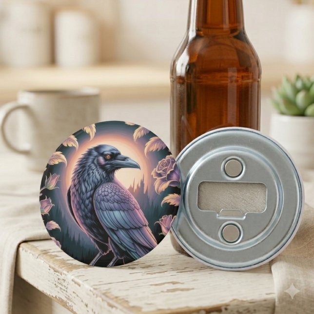 Décapsuleur Décor de bar gothique à corbeau (A gothic raven bottle opener styled on a cozy kitchen counter for a friend’s housewarming gift.)