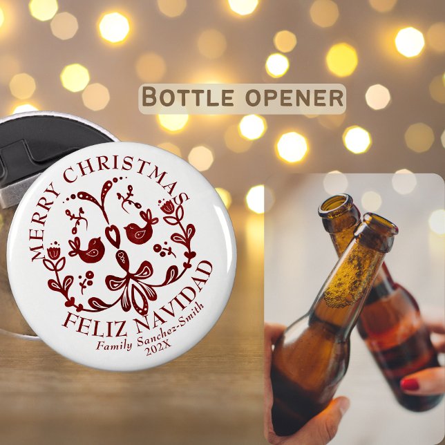 Décapsuleur Élégant Bilingue Burgundy Birds Noël (Christmas bottle opener bilingual Spanish text, custom family name. Multilingual Project)