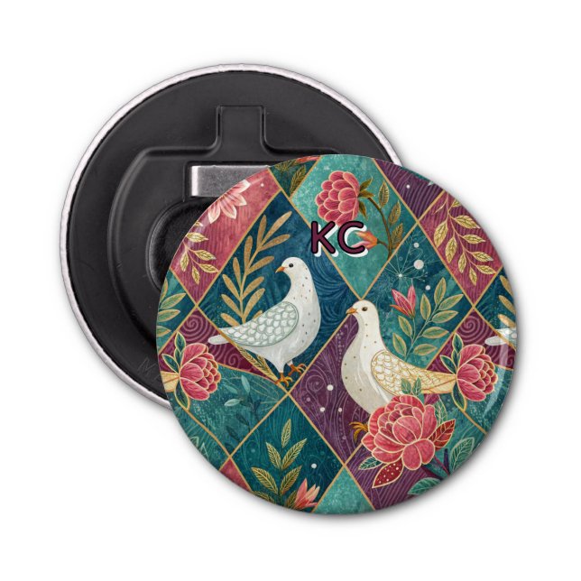 Décapsuleur Elégantes colombes blanches rose floral & or géomé (Devant)