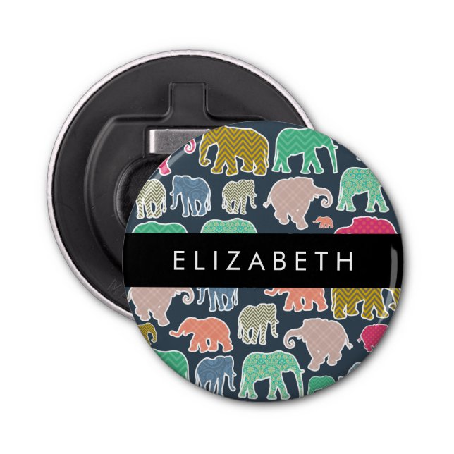 Décapsuleur Eléphants colorés, Motif d'éléphants, Votre nom (Devant)