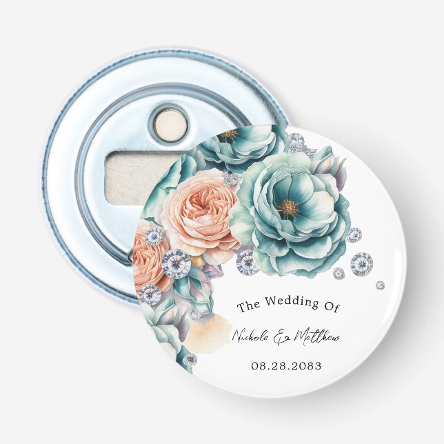 Décapsuleur Faveur de mariage diamant Roses Turquoise et Pêche (Devant)