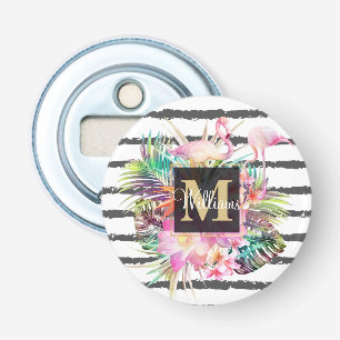 Décapsuleur feuilles floraux tropicaux et rayures de flamants 