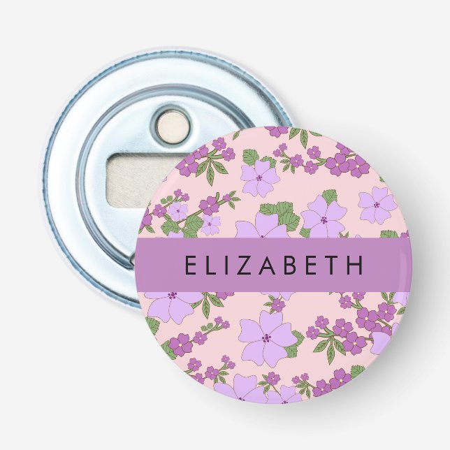 Décapsuleur Fleurs Violettes, Motif De Fleurs, Votre Nom (Devant)