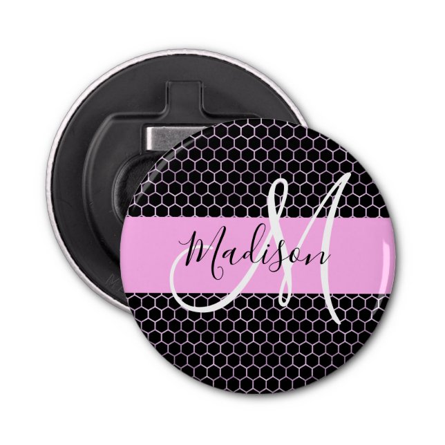 Décapsuleur Glam Black Metallic Rose Honeycomb Nom du monogram (Devant)