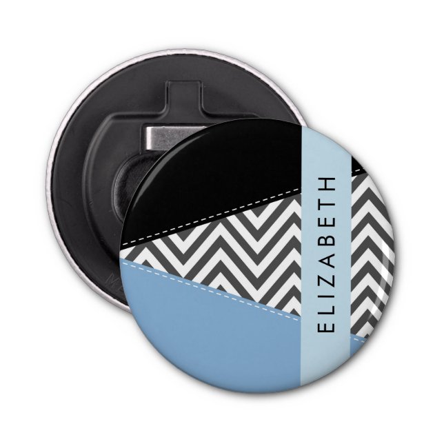 Décapsuleur Grey Zigzag, Grey Chevron, Bleu, Votre Nom (Devant)
