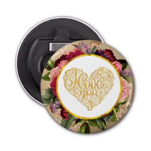 Décapsuleur I Love You Fancy Golden Heart with Floral Frame