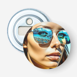 Décapsuleur Jolie femme avec réflexion sur les lunettes de sol
