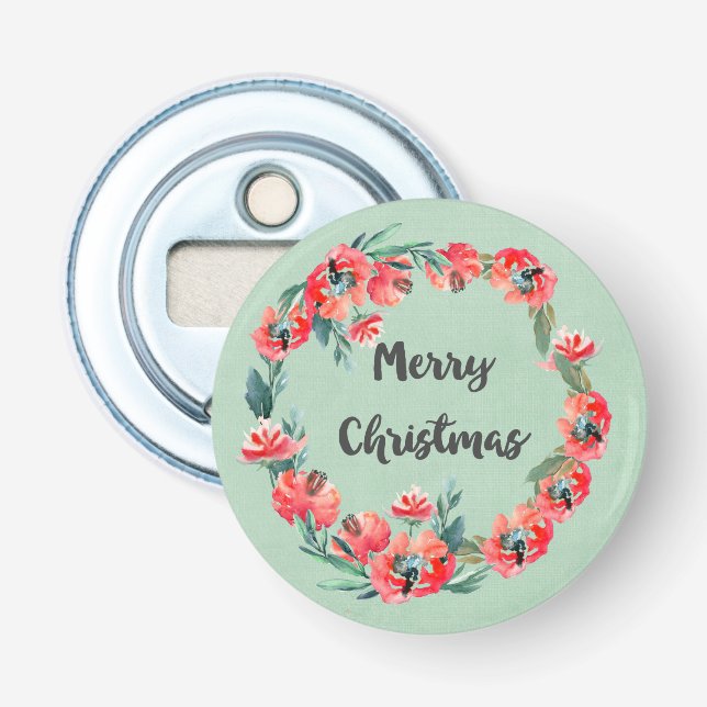 Décapsuleur Joyeux Noël Rouge Floral Aquarelle Wreath (Devant)