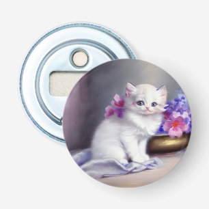 Décapsuleur Kitten blanc vintage aux fleurs roses et violettes