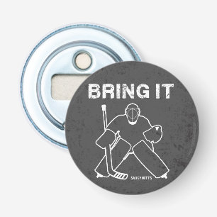 Décapsuleur Le gardien de but d'hockey l'apportent sur le gris