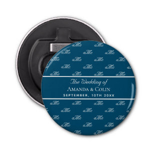 Décapsuleur Mariage de couple de monogrammes blancs bleu marin