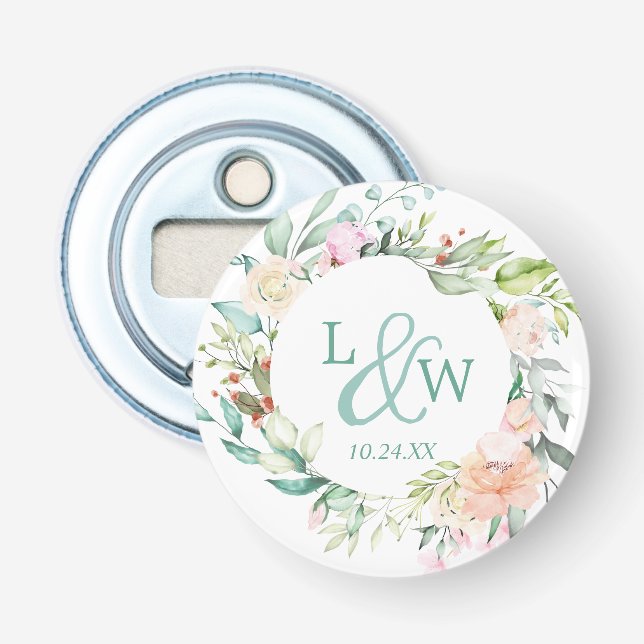 Décapsuleur Mariage de couronne de fleurs de monogramme (Devant)