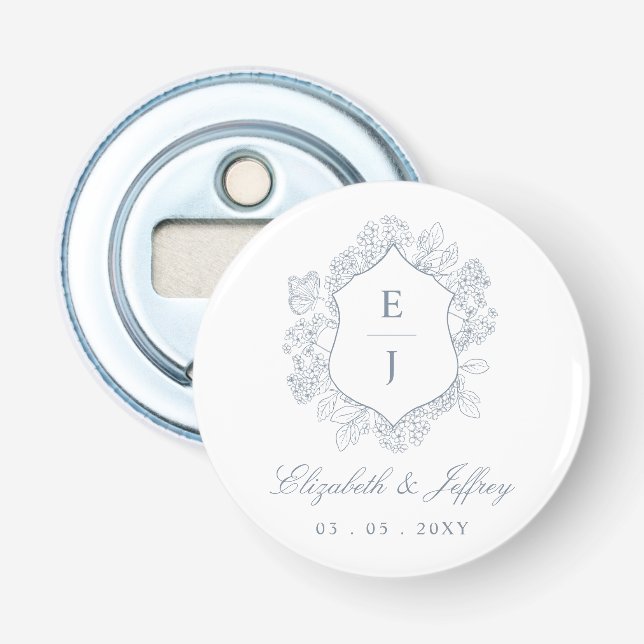 Décapsuleur Mariage de monogramme de crête florale bleu-poussi (Devant)
