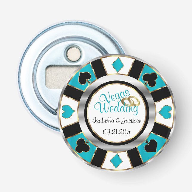 Décapsuleur Mariage Las Vegas - Argent, Blanc & Turquoise (Devant)