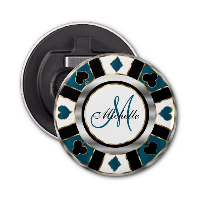 Décapsuleur Monogram Deep Blue Turquoise Poker Chip Design (Devant)