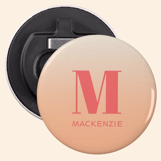 Décapsuleur Monogramme moderne Nom initial Peach Gradient (Modern monogram initial name personalized button style bottle opener)