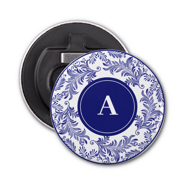 Décapsuleur Monogramme Motif bleu et blanc classique initial (Devant)