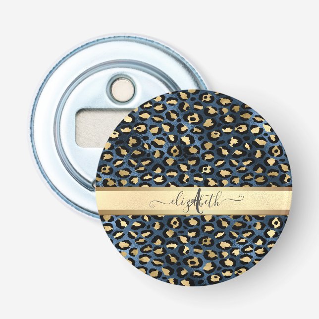 Décapsuleur Motif léopard bleu or monogramme (Devant)