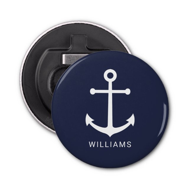 Décapsuleur Nautical White Anchor and Custom Nom on Navy Blue (Devant)