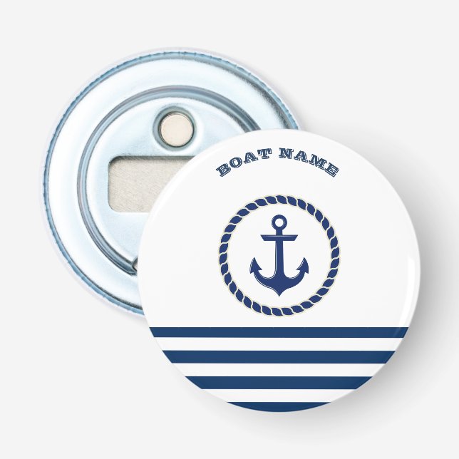 Décapsuleur Nom du bateau nautique, Ancre Marine Bleu rayé (Devant)