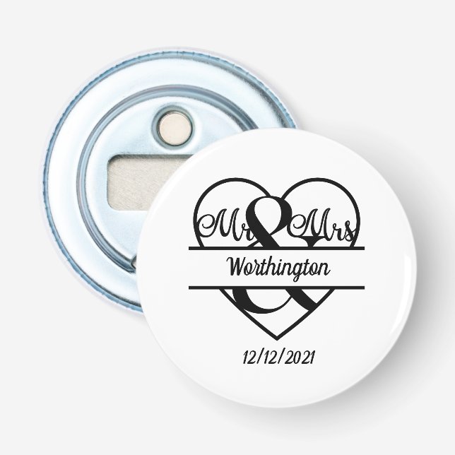 Décapsuleur Nom Monogramme Date Cœur Mariage  (Devant)