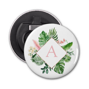 Décapsuleur Palmiers tropicaux Mariage rose pâle Monogramme Fa