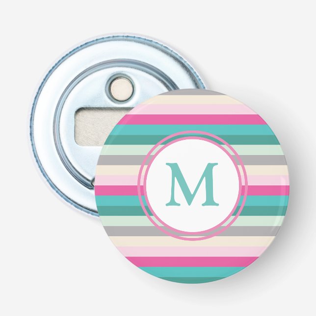 Décapsuleur Rayures de monogramme rose bleu et vert (Devant)