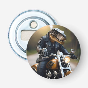 Décapsuleur Revved Up Rex : T-Rex en cuir sur une moto,