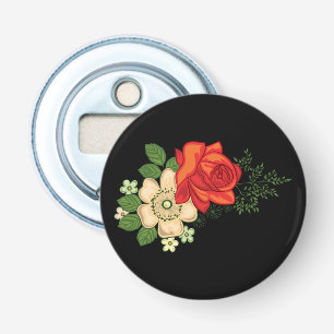 Décapsuleur Rose rouge et marguerites sur fond noir