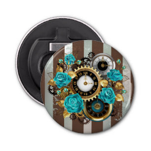 Décapsuleur Steampunk Clock and Turquoise Roses on Striped