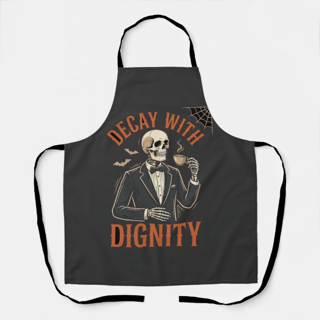 Decay With Dignity Vintage Skeleton Coffee Hallowe Apron (Front)