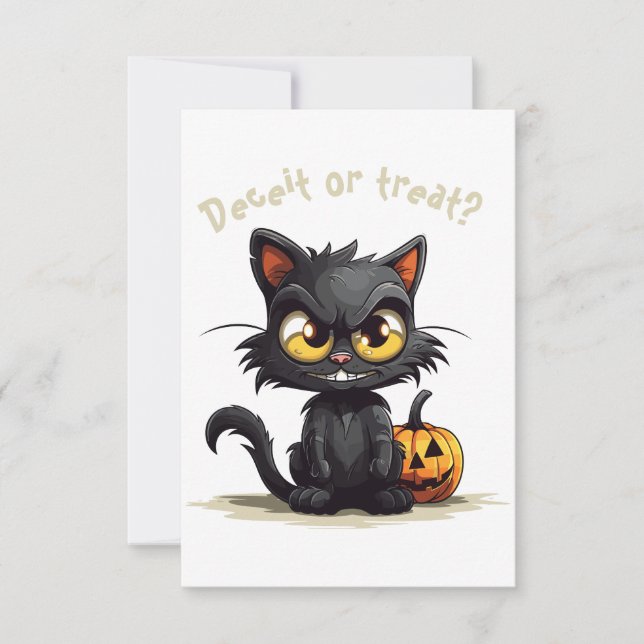 Deceit or Treat? Funny Evil Black Cat Halloween  Thank You Card (Front)