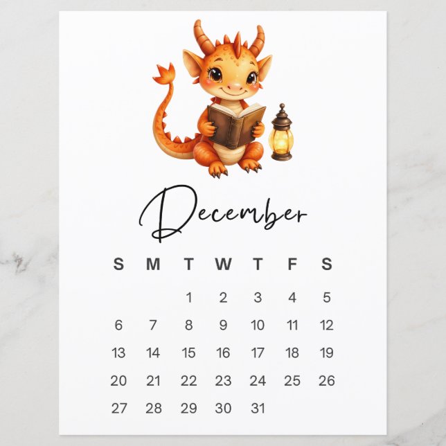 December Baby Dragon Art Print Whimsical Calendar  (Front)