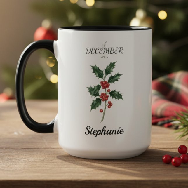 December Birth Flower Holly Birthday Mug (December birth month flower holly birthday coffee mug)