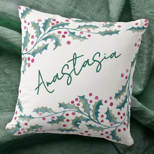 December Birth Month Holly Personalized Throw Pillow