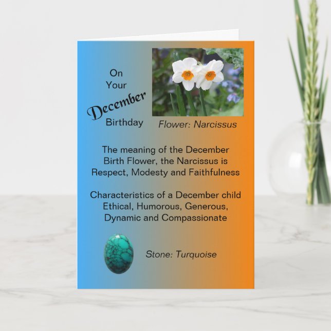 December Birthday Card - Narcissus and Turquoise (Front)