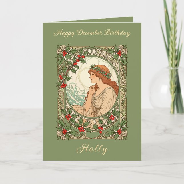 December Birthday Holly Berries Art Nouveau Card (Front)