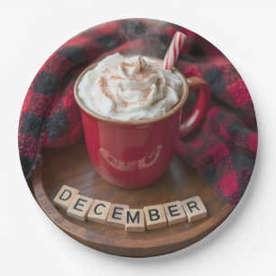 December Hot Chocolate With Plaid Blanket Paper Plate