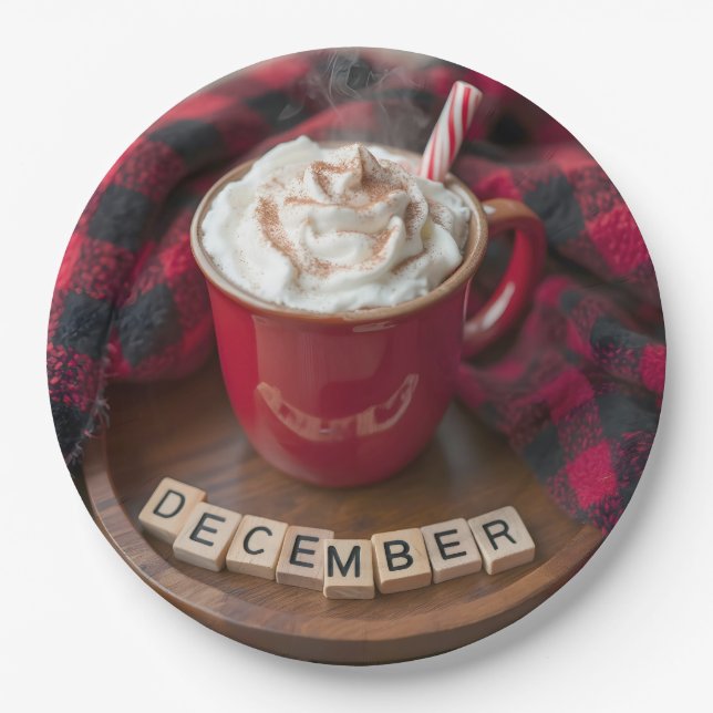 December Hot Chocolate With Plaid Blanket Paper Plate (Front)