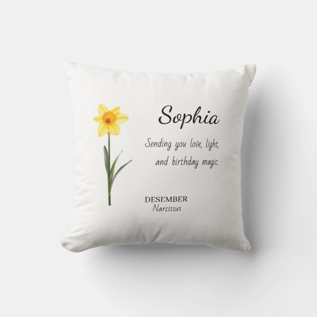 December Narcissus Personalized Birthday Throw Pillow (Front)