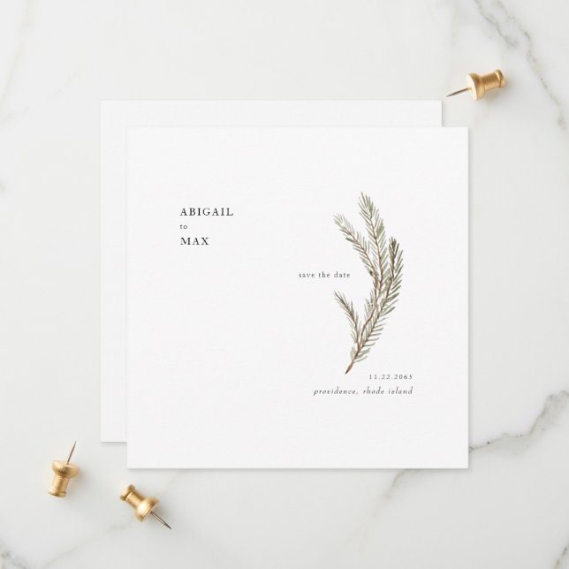 December Pine Foliage Square Wedding Save the Date (Front/Back In Situ)