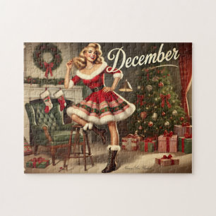 December Retro Christmas Blonde Pin-Up Girl Jigsaw Puzzle
