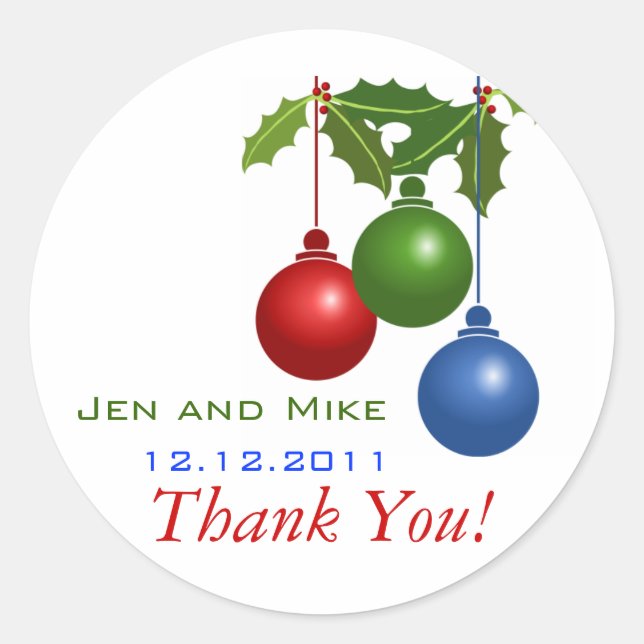 December Wedding Thank You Stickers Holly Ornament (Front)