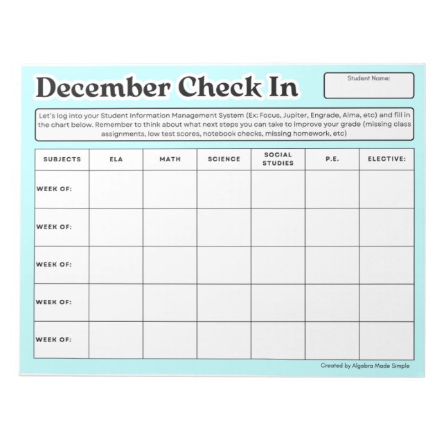 December Weekly Student Check In Grade Progress Notepad (Front)